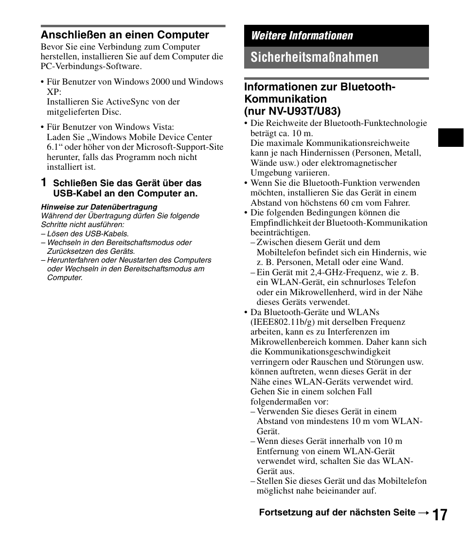 Anschließen an einen computer, Weitere informationen, Sicherheitsmaßnahmen | Sony NV-U83 User Manual | Page 39 / 194