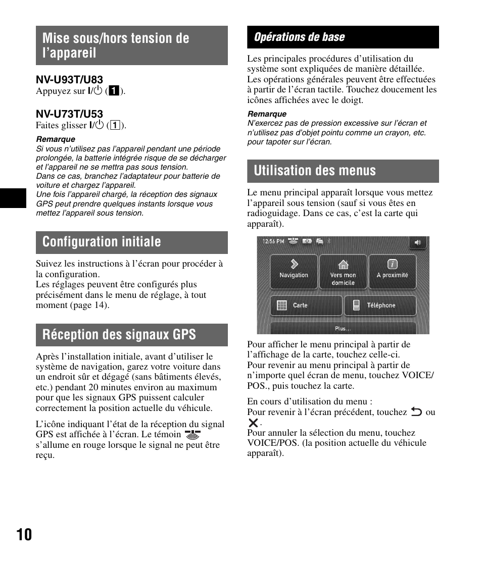 Mise sous/hors tension de l’appareil, Configuration initiale, Réception des signaux gps | Opérations de base, Utilisation des menus | Sony NV-U83 User Manual | Page 56 / 194