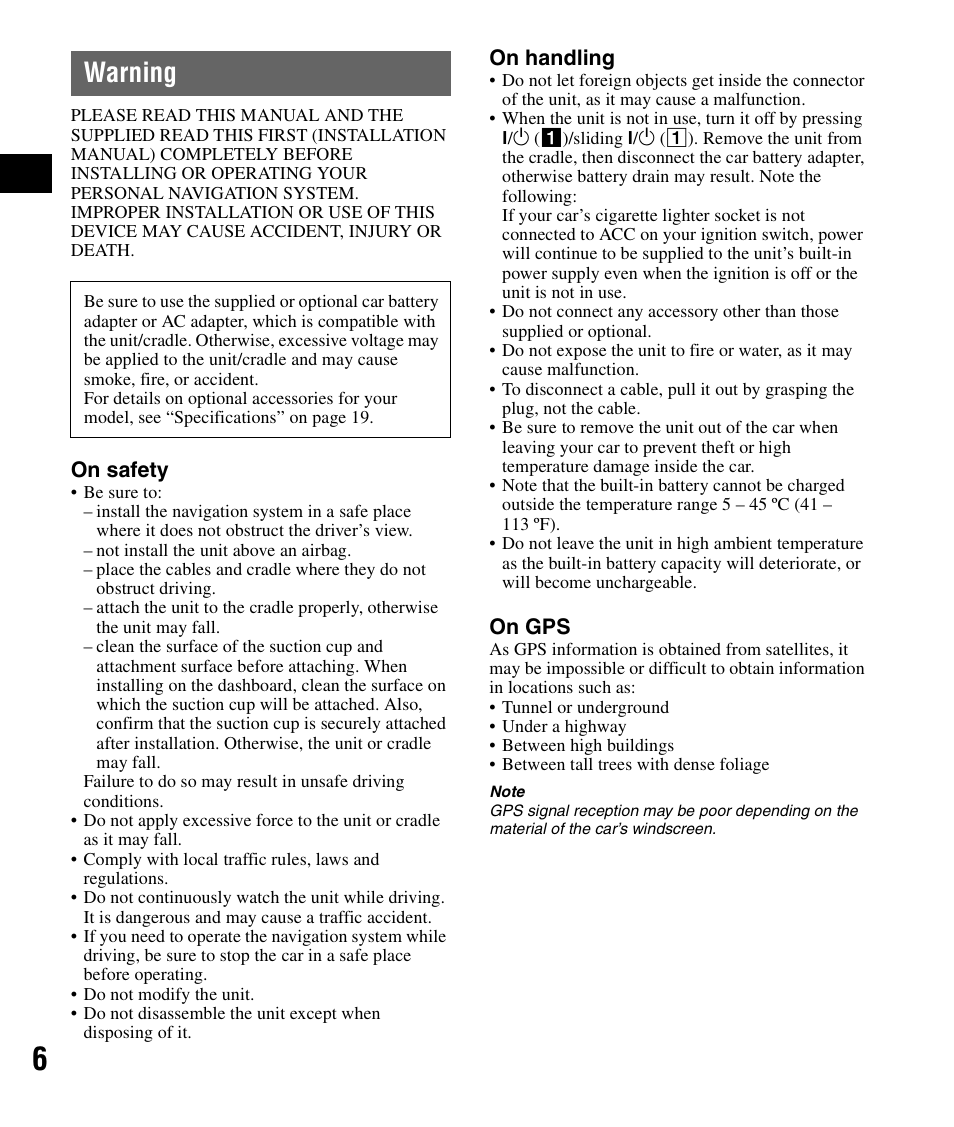 Warning | Sony NV-U83 User Manual | Page 6 / 194