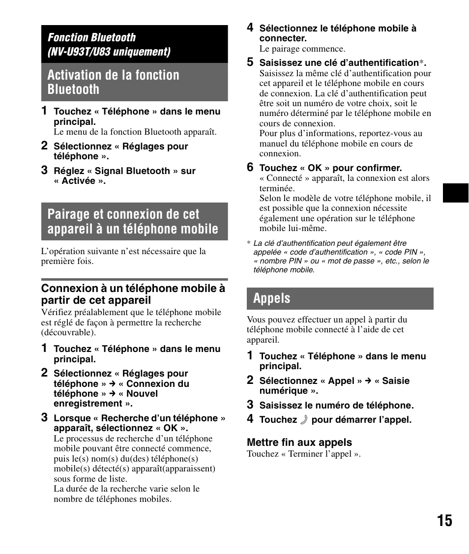 Fonction bluetooth (nv-u93t/u83 uniquement), Activation de la fonction bluetooth, Appels | Sony NV-U83 User Manual | Page 61 / 194