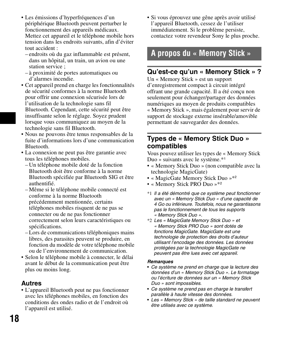 A propos du « memory stick, Qu’est-ce qu’un « memory stick, Types de « memory stick duo » compatibles | Sony NV-U83 User Manual | Page 64 / 194