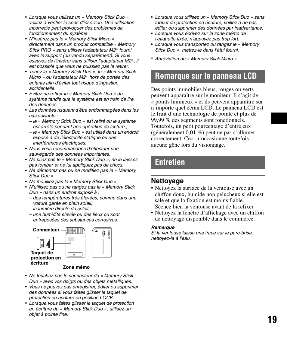 Remarque sur le panneau lcd, Entretien, Nettoyage | Remarque sur le panneau lcd entretien | Sony NV-U83 User Manual | Page 65 / 194