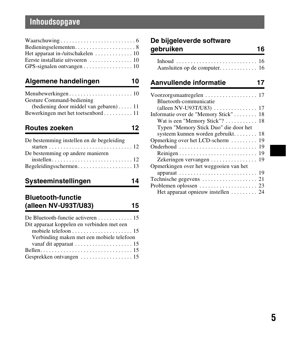 Inhoudsopgave | Sony NV-U83 User Manual | Page 75 / 194