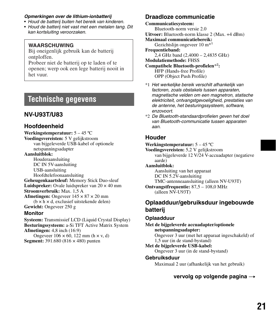 Technische gegevens, Nv-u93t/u83 | Sony NV-U83 User Manual | Page 91 / 194