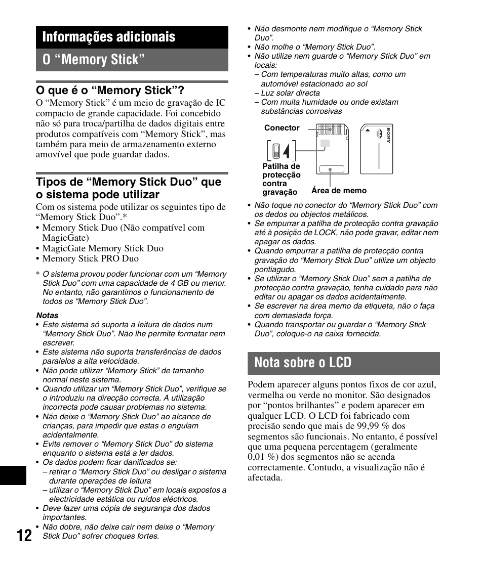 Informações adicionais, O “memory stick, O que é o “memory stick | Nota sobre o lcd | Sony NV-U82B User Manual | Page 114 / 122