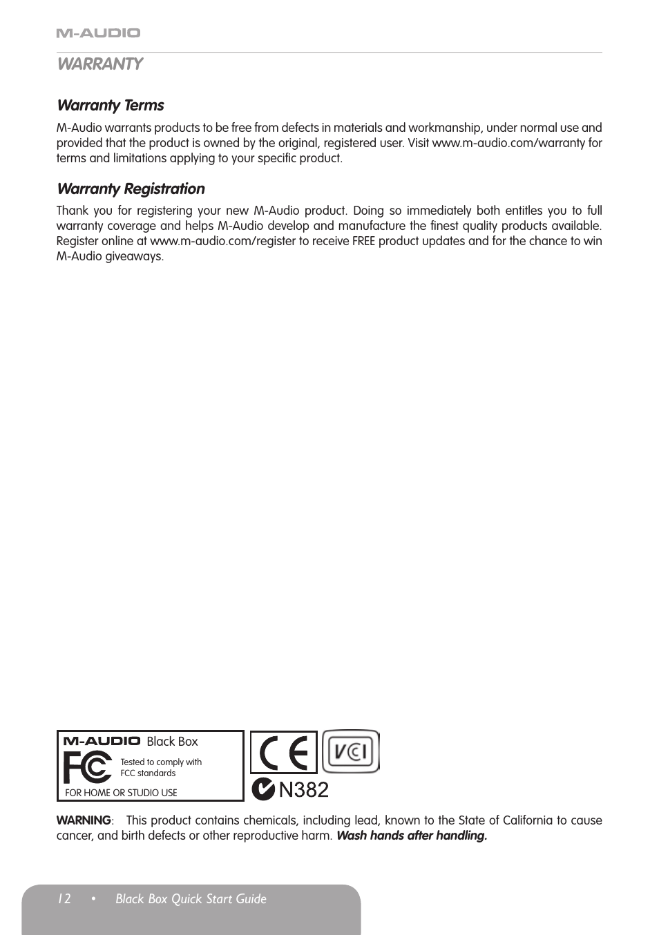 Warranty, Warranty terms, Warranty registration | M-AUDIO Black Box User Manual | Page 13 / 14