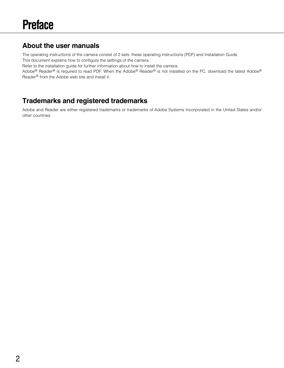 Preface, About the user manuals, Trademarks and registered trademarks | Panasonic WV-CP504E User Manual | Page 2 / 35