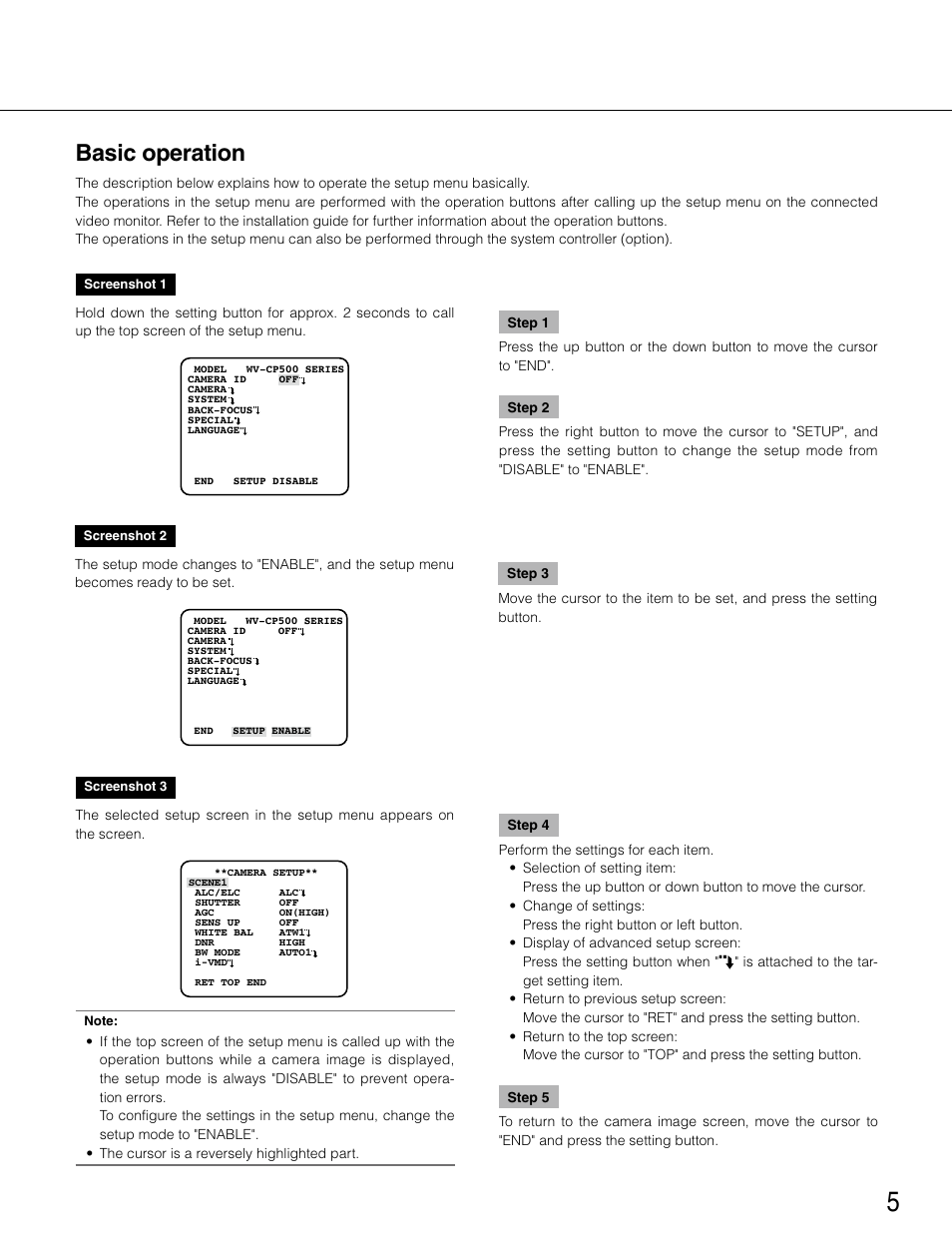 Basic operation | Panasonic WV-CP504E User Manual | Page 5 / 35