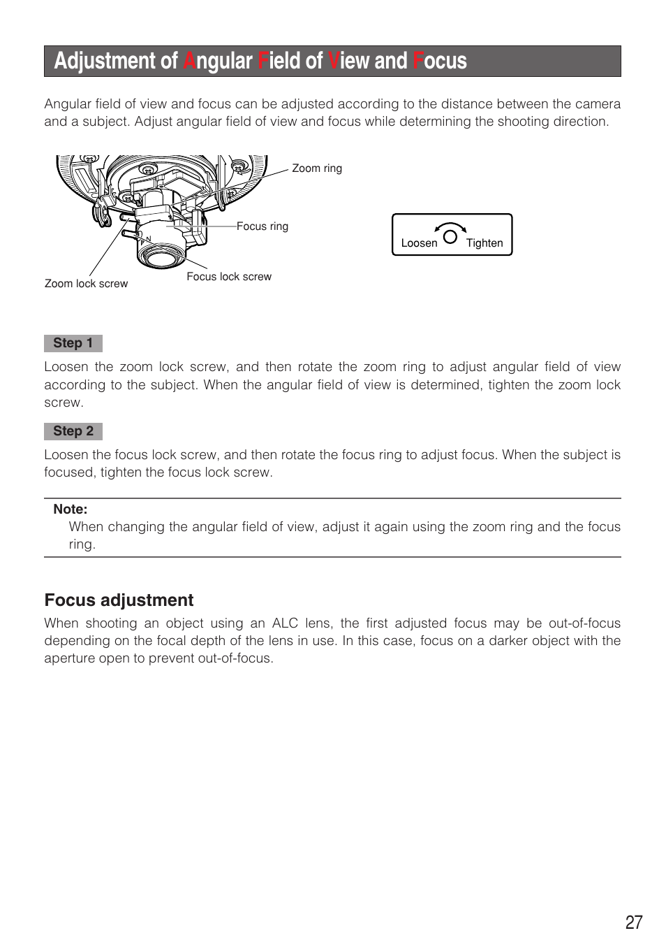 Adjustment of a ngular f ield of v iew and f ocus | Panasonic WV-NF284 User Manual | Page 27 / 36