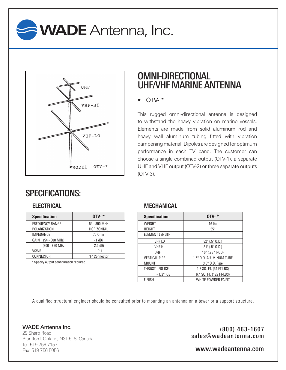 Wade Antenna OTV-x User Manual | 1 page