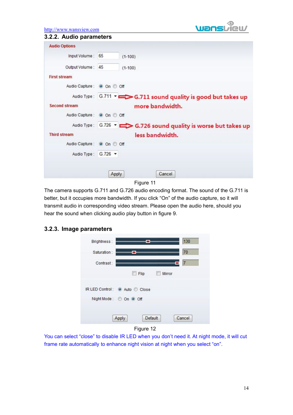 Audioparameters, Imageparameters, Audio parameters 3.2.3. image parameters | WansView NCM625MW User Manual | Page 15 / 32
