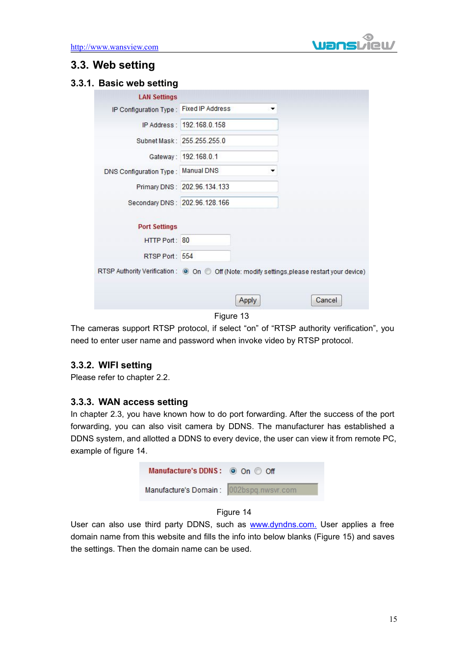 Websetting, Basicwebsetting, Wifisetting | Wanaccesssetting, Eb setting, Web setting | WansView NCM625MW User Manual | Page 16 / 32