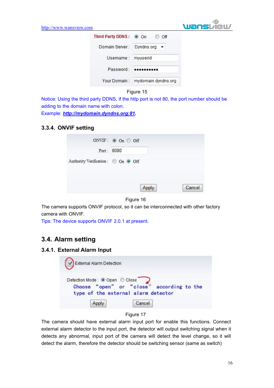 Onvifsetting, Alarmsetting, Externalalarminput | Onvif setting, Larm setting, External alarm input, Alarm setting | WansView NCM625MW User Manual | Page 17 / 32