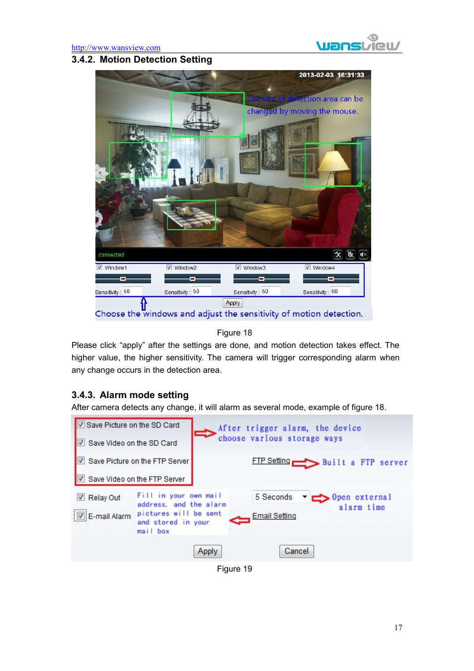Motiondetectionsetting, Alarmmodesetting, Motion detection setting 3.4.3. alarm mode setting | WansView NCM625MW User Manual | Page 18 / 32