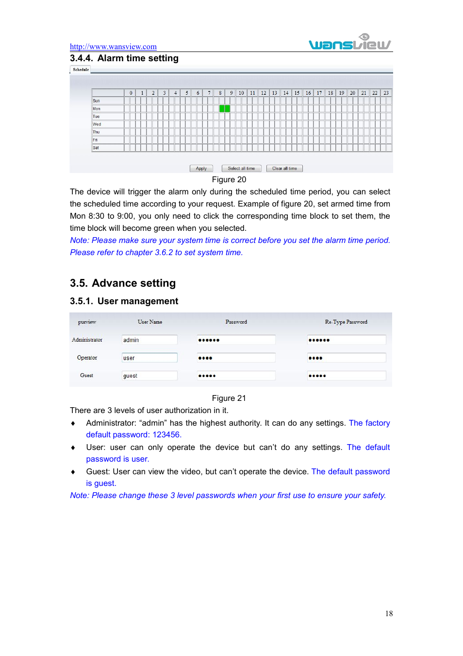 Alarmtimesetting, Advancesetting, Usermanagement | Alarm time setting, Dvance setting, User management, Advance setting | WansView NCM625MW User Manual | Page 19 / 32
