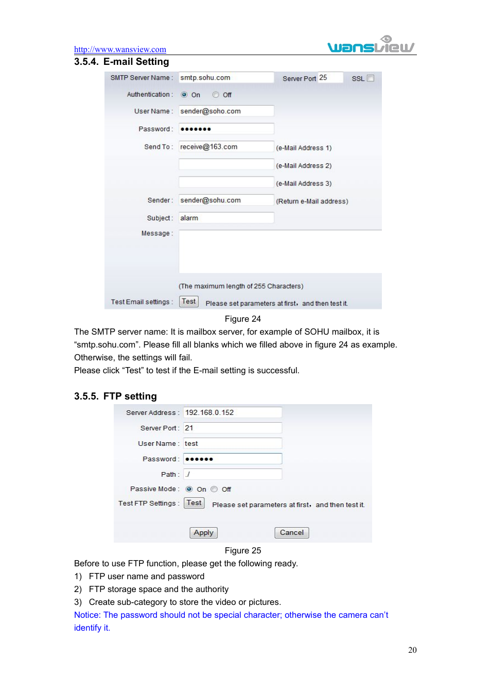 E-mailsetting, Ftpsetting, E-mail setting 3.5.5. ftp setting | WansView NCM625MW User Manual | Page 21 / 32