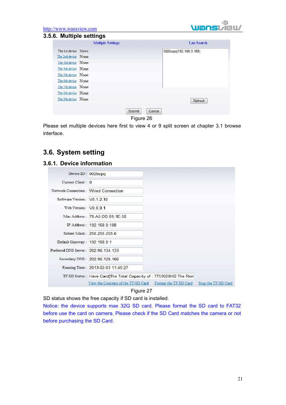 Multiplesettings, Systemsetting, Deviceinformation | Multiple settings, Ystem setting, Device information, System setting | WansView NCM625MW User Manual | Page 22 / 32
