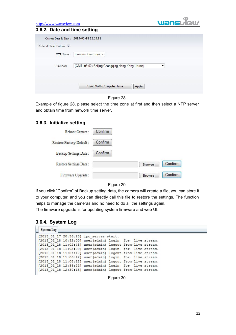 Ole_link1, Ole_link2, Dateandtimesetting | Initializesetting, Systemlog | WansView NCM625MW User Manual | Page 23 / 32