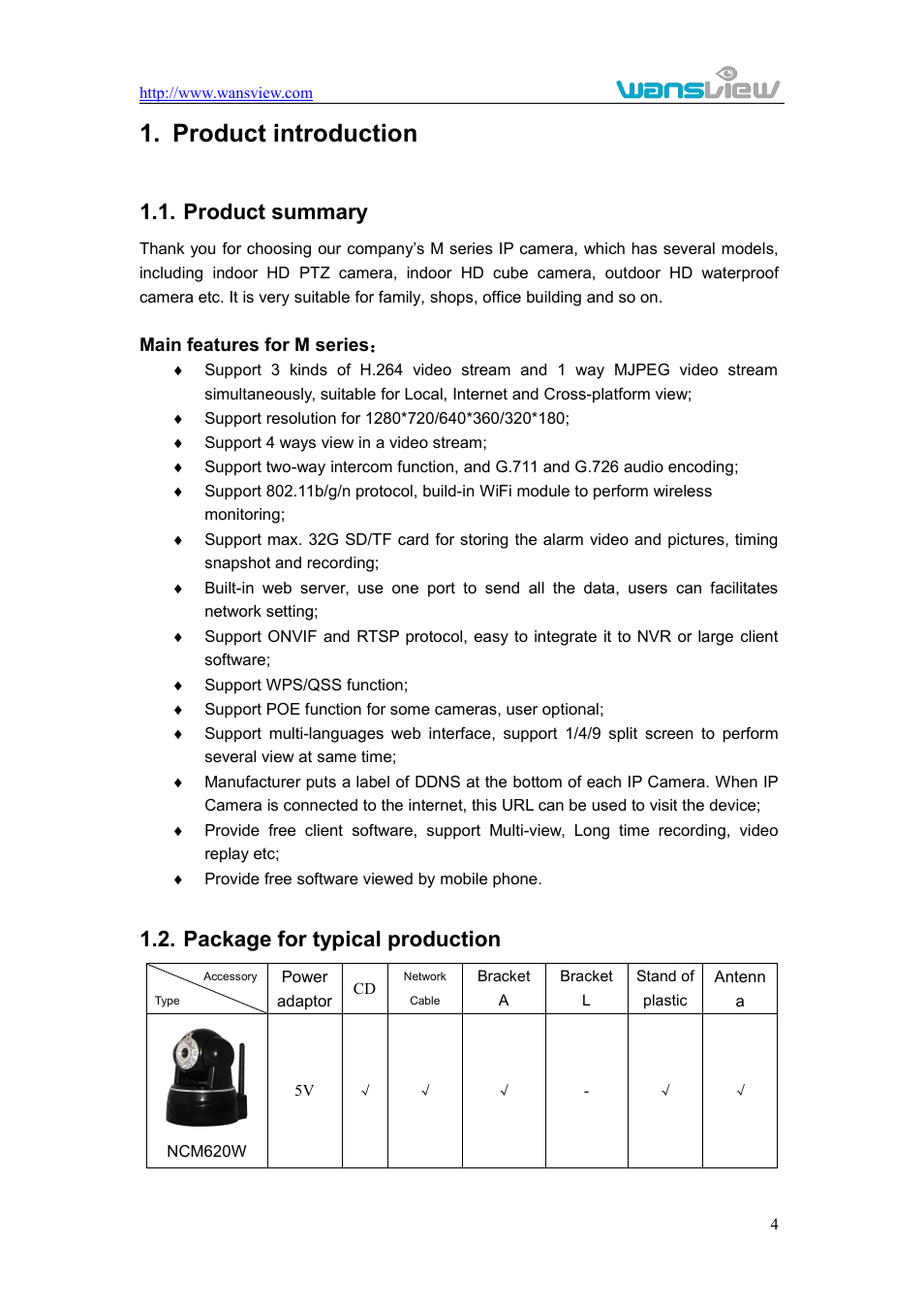 Productintroduction, Productsummary, Packagefortypicalproduction | Product introduction, Roduct summary, Ackage for typical production, Product summary, Package for typical production | WansView NCM625MW User Manual | Page 5 / 32