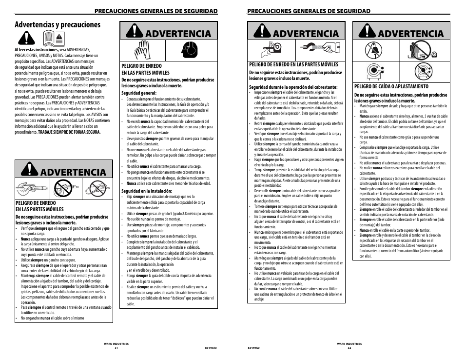 Advertencia, Advertencias y precauciones, Precauciones generales de seguridad | WARN ZEON 12 User Manual | Page 16 / 36