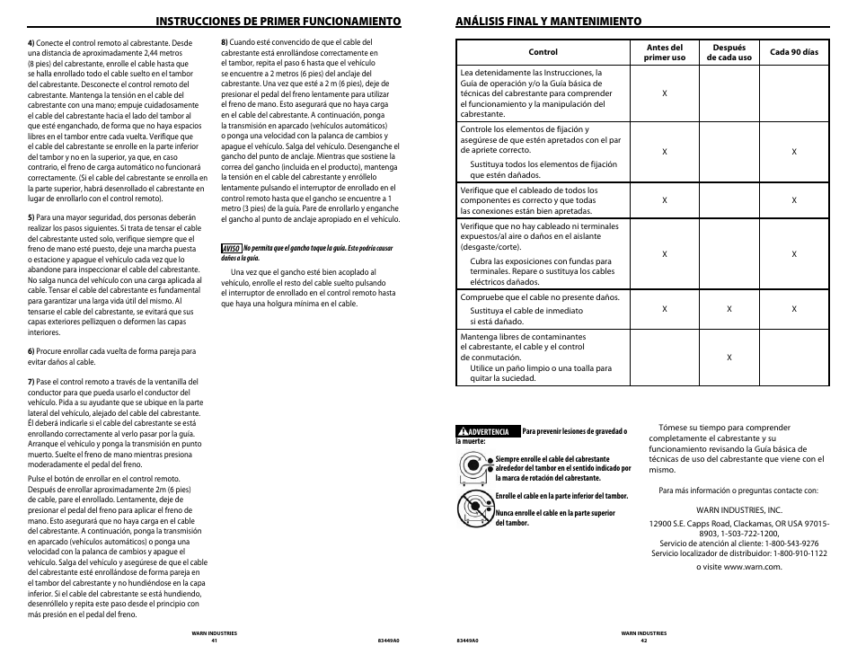 Instrucciones de primer funcionamiento, Análisis final y mantenimiento | WARN ZEON 12 User Manual | Page 21 / 36
