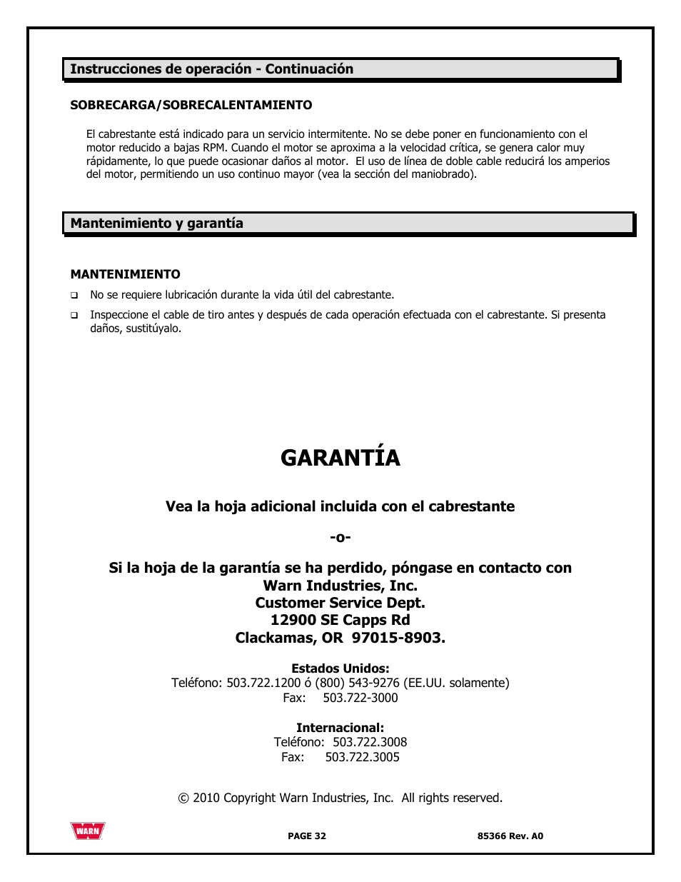 Garantía | WARN 3000 ACI User Manual | Page 32 / 144