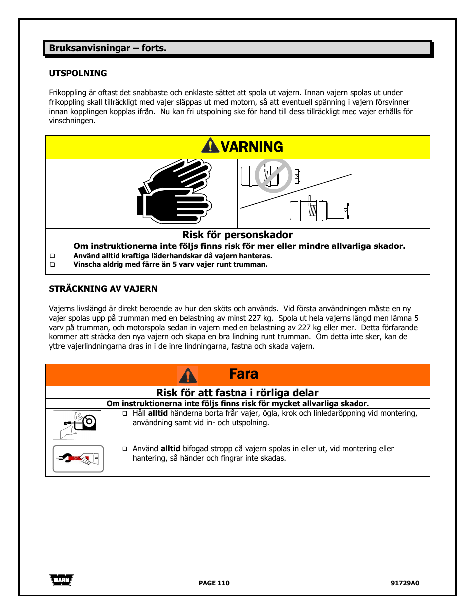 Varning, Fara, Risk för personskador | Risk för att fastna i rörliga delar | WARN 4000 DC User Manual | Page 110 / 126