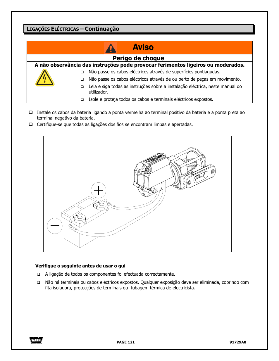 Aviso, Perigo de choque | WARN 4000 DC User Manual | Page 121 / 126