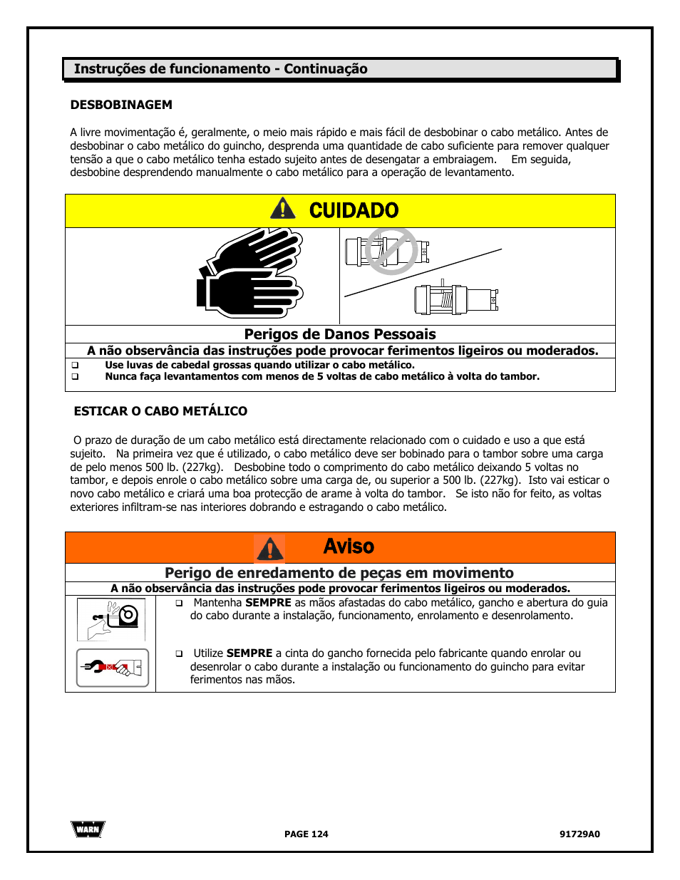 Cuidado, Aviso, Perigos de danos pessoais | Perigo de enredamento de peças em movimento | WARN 4000 DC User Manual | Page 124 / 126