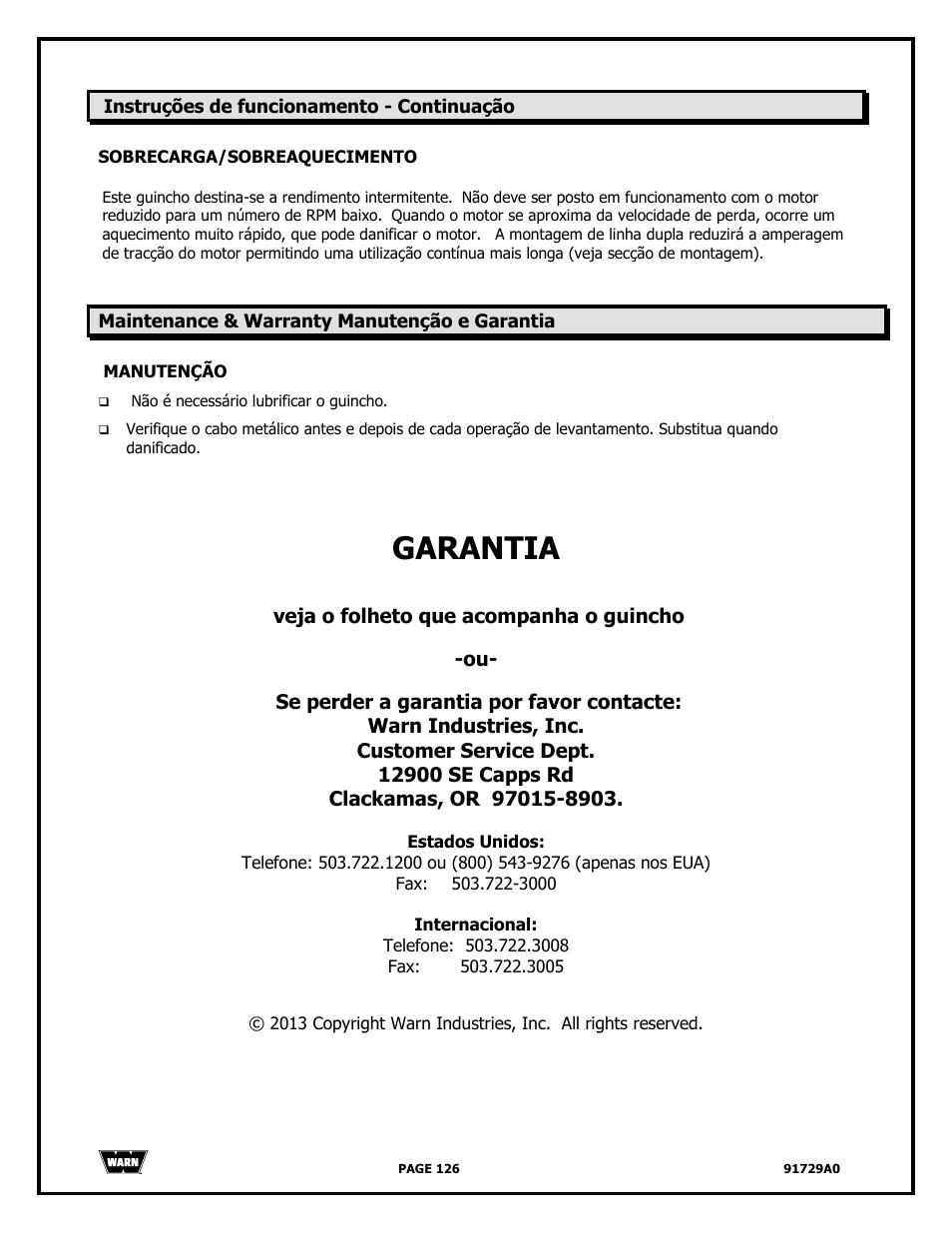 Garantia | WARN 4000 DC User Manual | Page 126 / 126