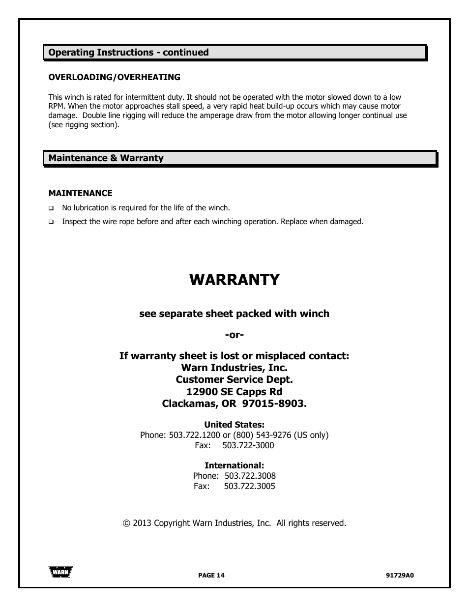 Warranty | WARN 4000 DC User Manual | Page 14 / 126