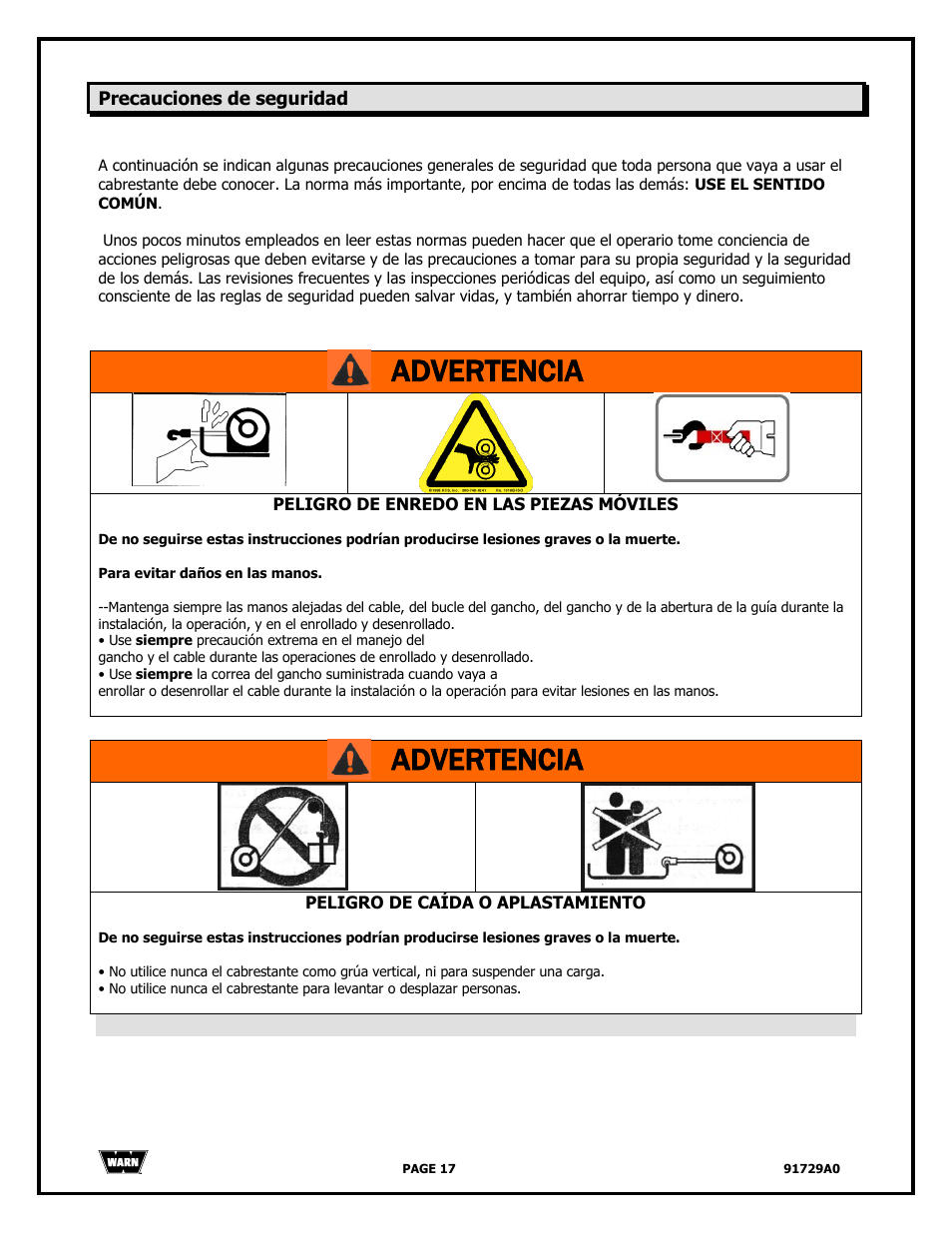 Advertencia | WARN 4000 DC User Manual | Page 17 / 126