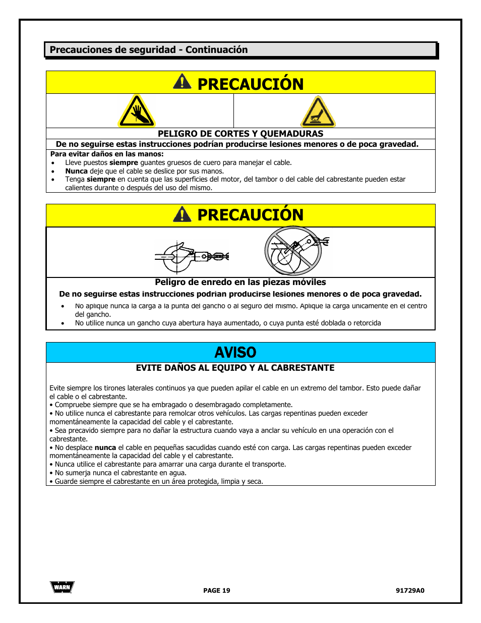 Precaución, Aviso | WARN 4000 DC User Manual | Page 19 / 126