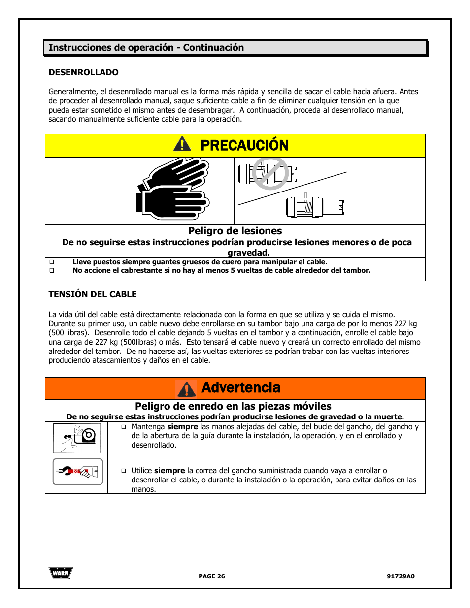 Precaución, Advertencia, Peligro de lesiones | Peligro de enredo en las piezas móviles | WARN 4000 DC User Manual | Page 26 / 126