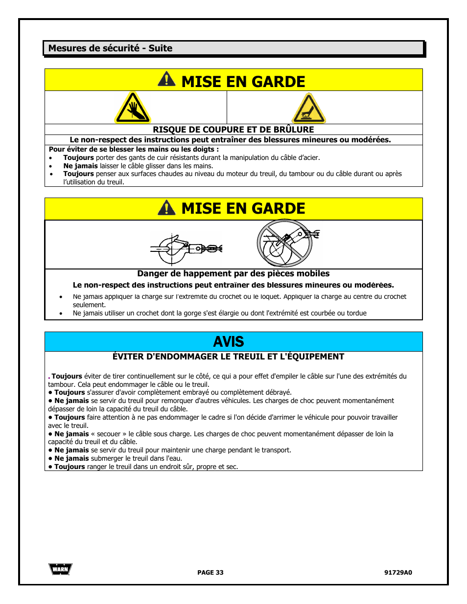 Mise en garde, Avis | WARN 4000 DC User Manual | Page 33 / 126