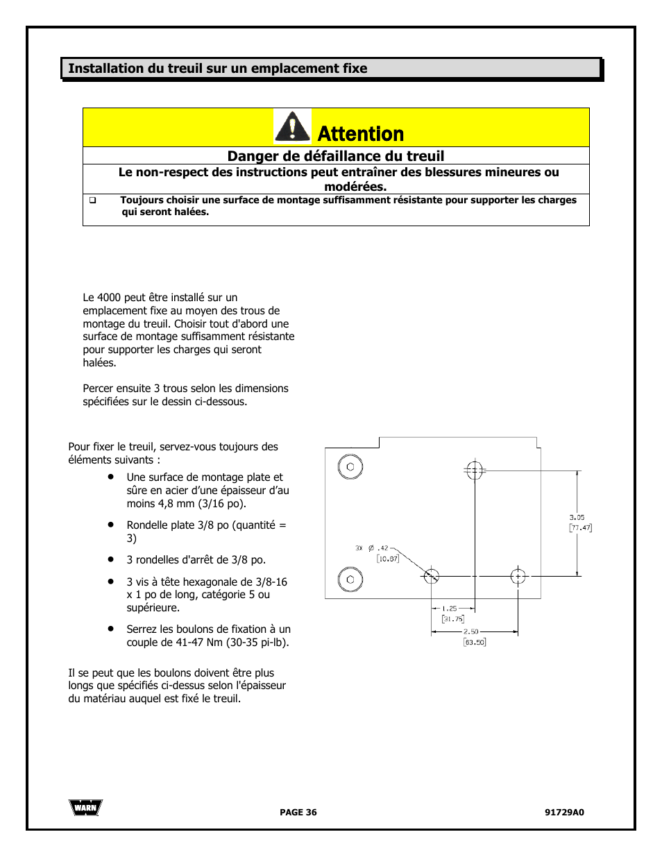 Attention, Danger de défaillance du treuil | WARN 4000 DC User Manual | Page 36 / 126