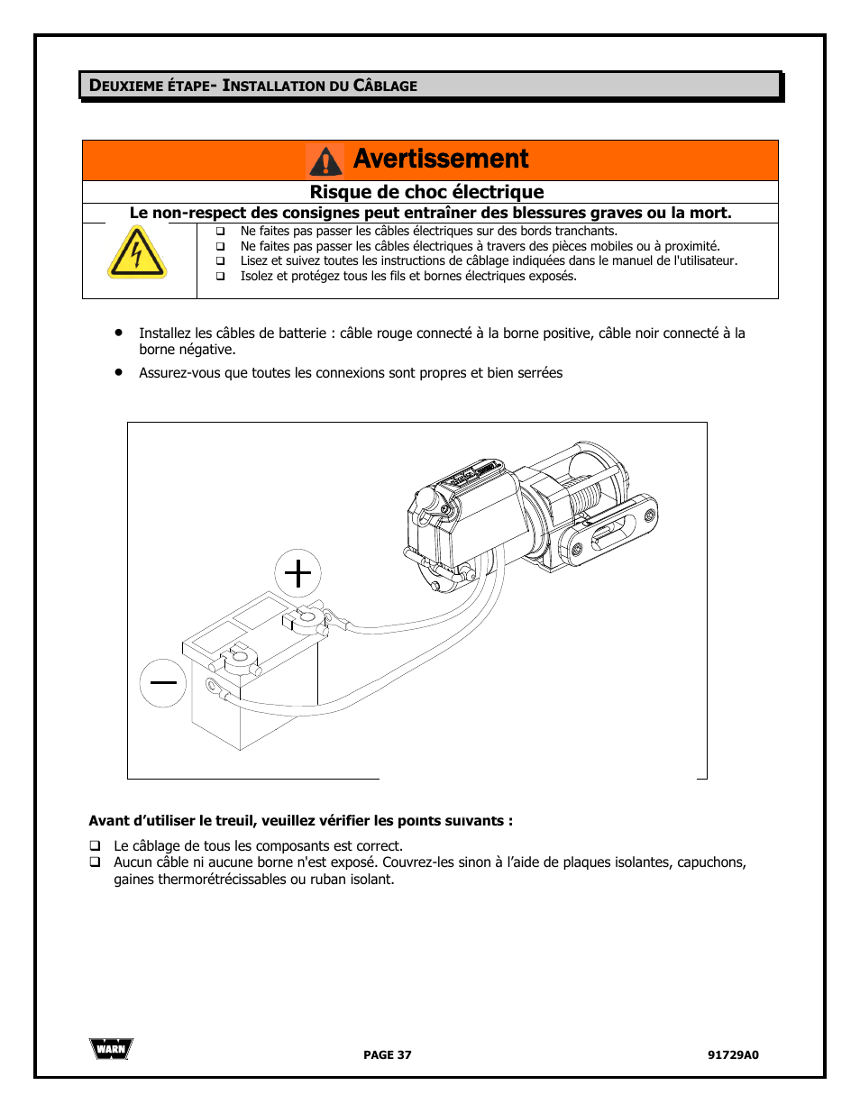 Avertissement, Risque de choc électrique | WARN 4000 DC User Manual | Page 37 / 126