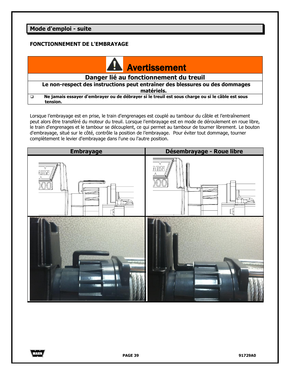 Avertissement, Danger lié au fonctionnement du treuil | WARN 4000 DC User Manual | Page 39 / 126