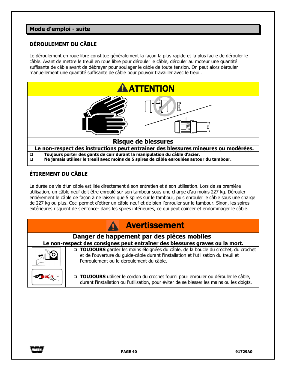 Attention, Avertissement, Risque de blessures | Danger de happement par des pièces mobiles | WARN 4000 DC User Manual | Page 40 / 126
