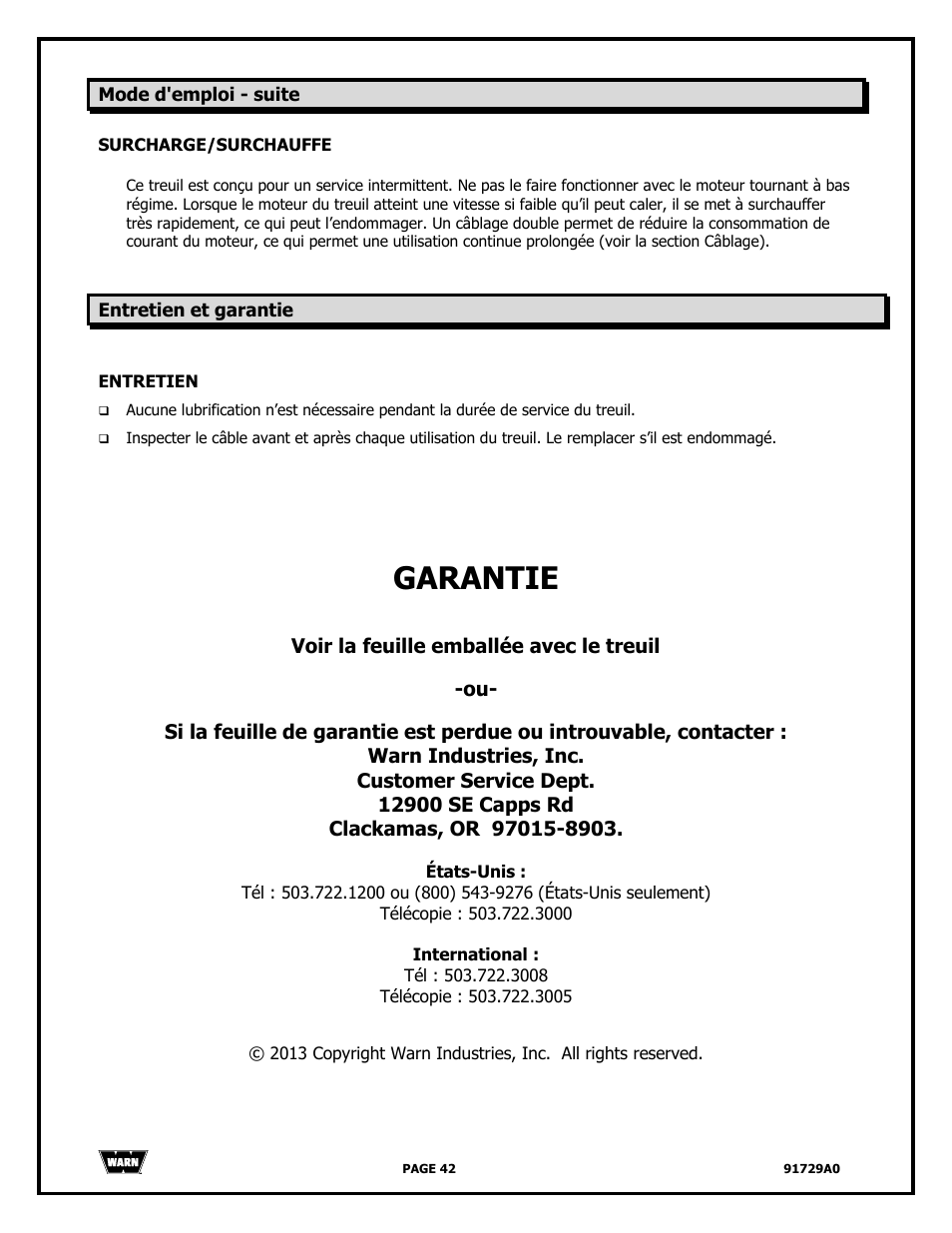Garantie | WARN 4000 DC User Manual | Page 42 / 126