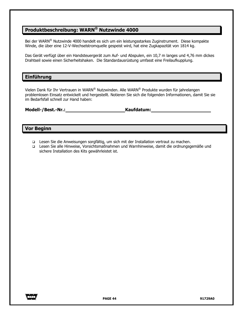 WARN 4000 DC User Manual | Page 44 / 126