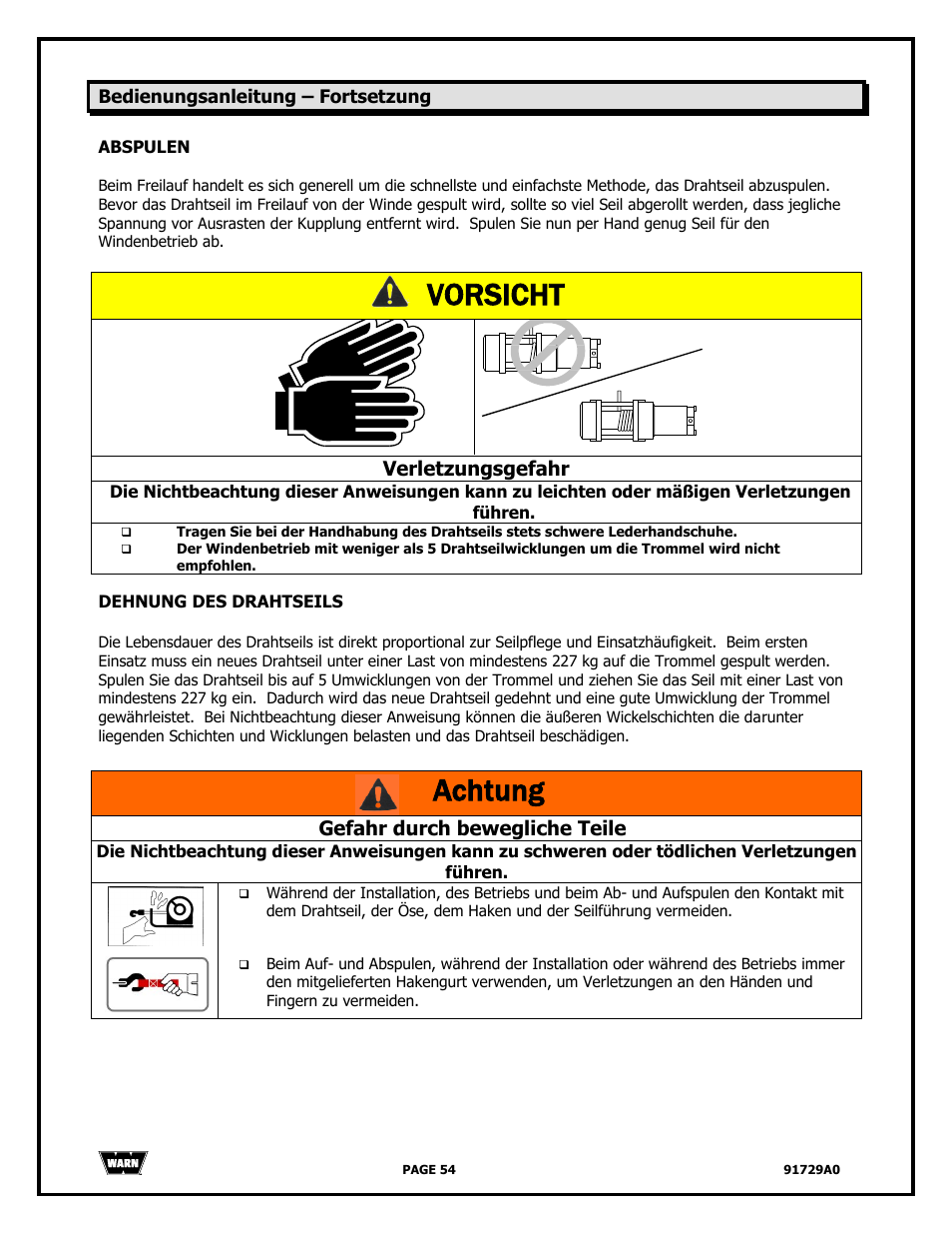 Vorsicht, Achtung, Verletzungsgefahr | Gefahr durch bewegliche teile | WARN 4000 DC User Manual | Page 54 / 126