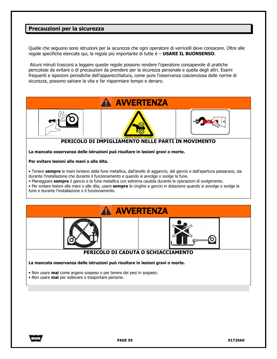 Avvertenza | WARN 4000 DC User Manual | Page 59 / 126