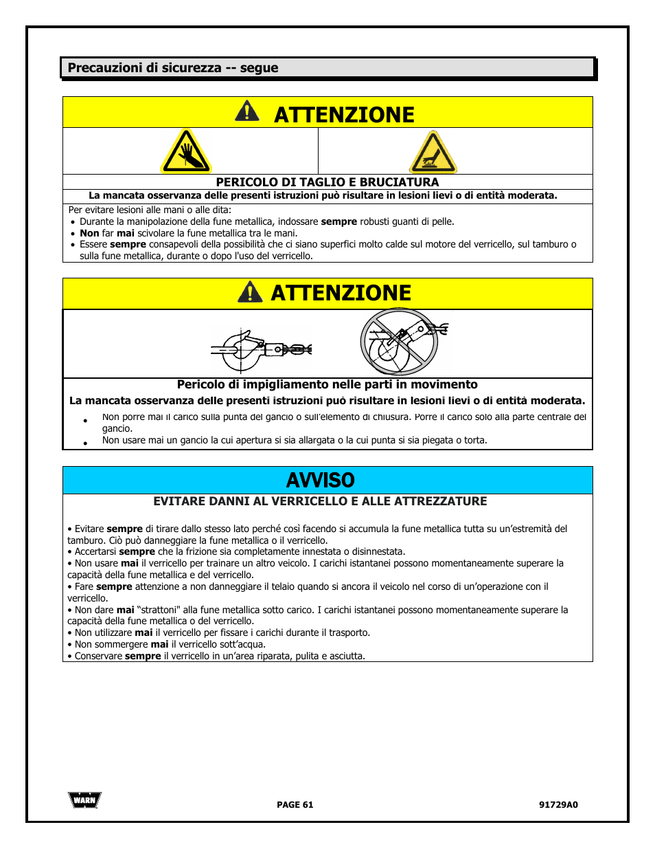 Attenzione, Avviso | WARN 4000 DC User Manual | Page 61 / 126