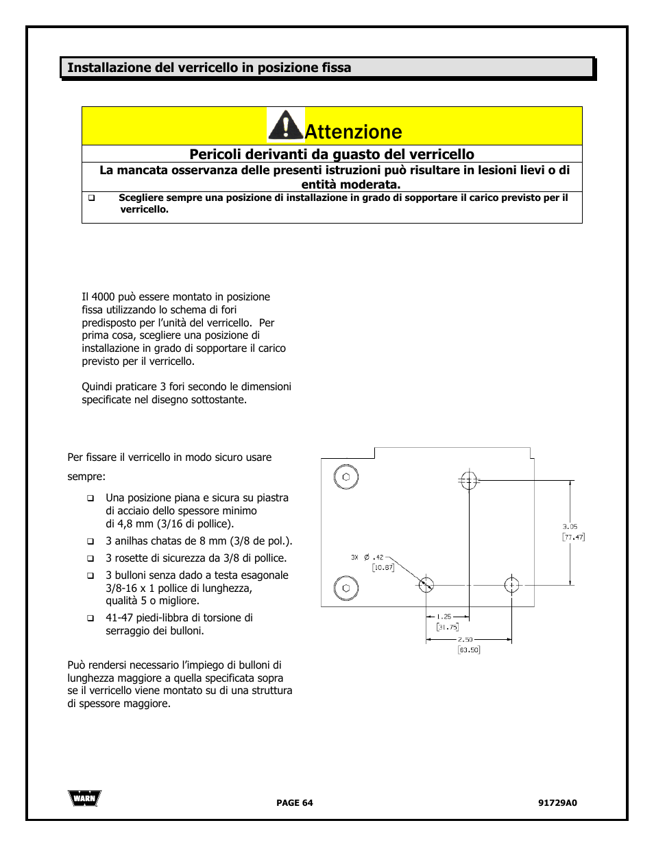 Attenzione, Pericoli derivanti da guasto del verricello | WARN 4000 DC User Manual | Page 64 / 126