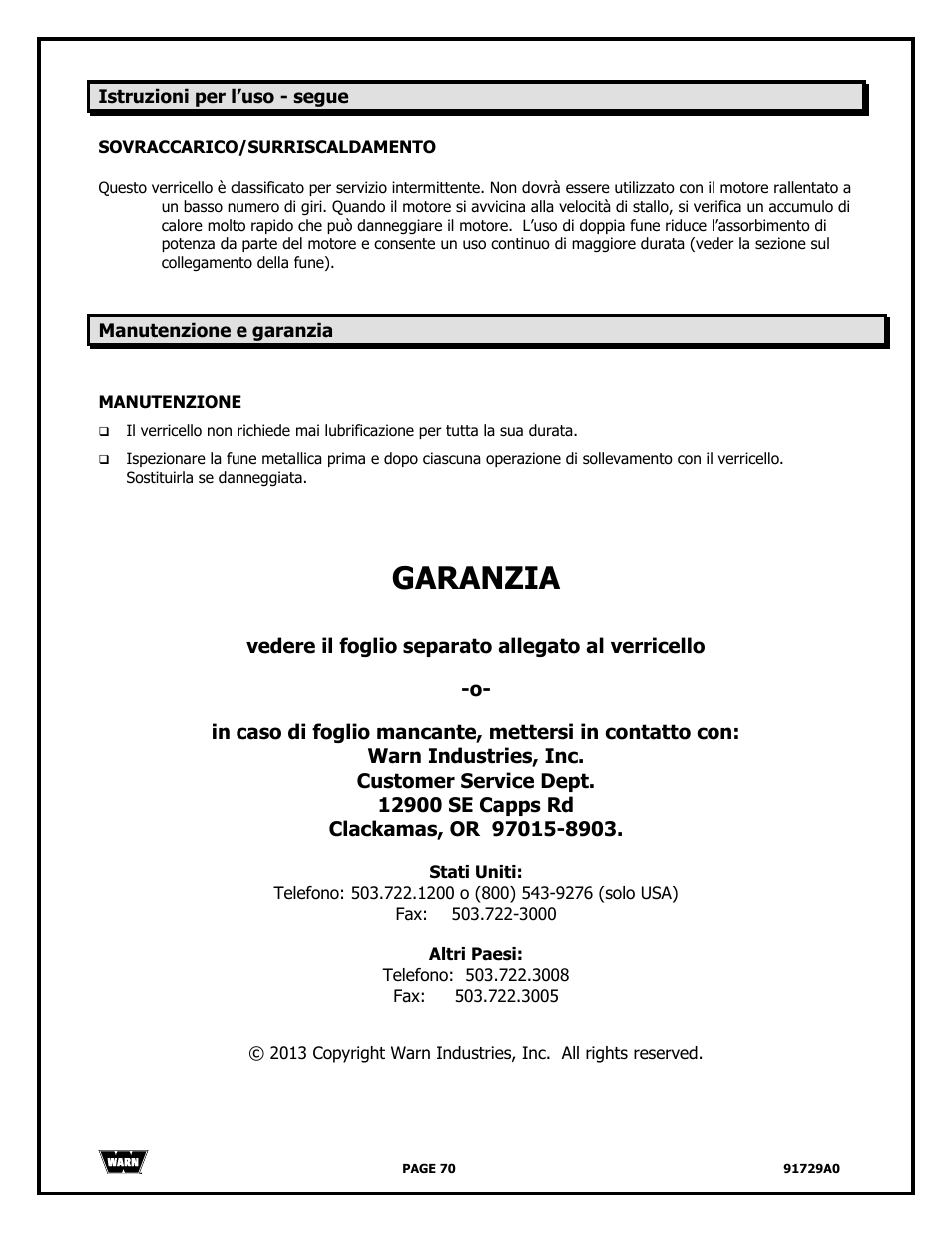 Garanzia | WARN 4000 DC User Manual | Page 70 / 126