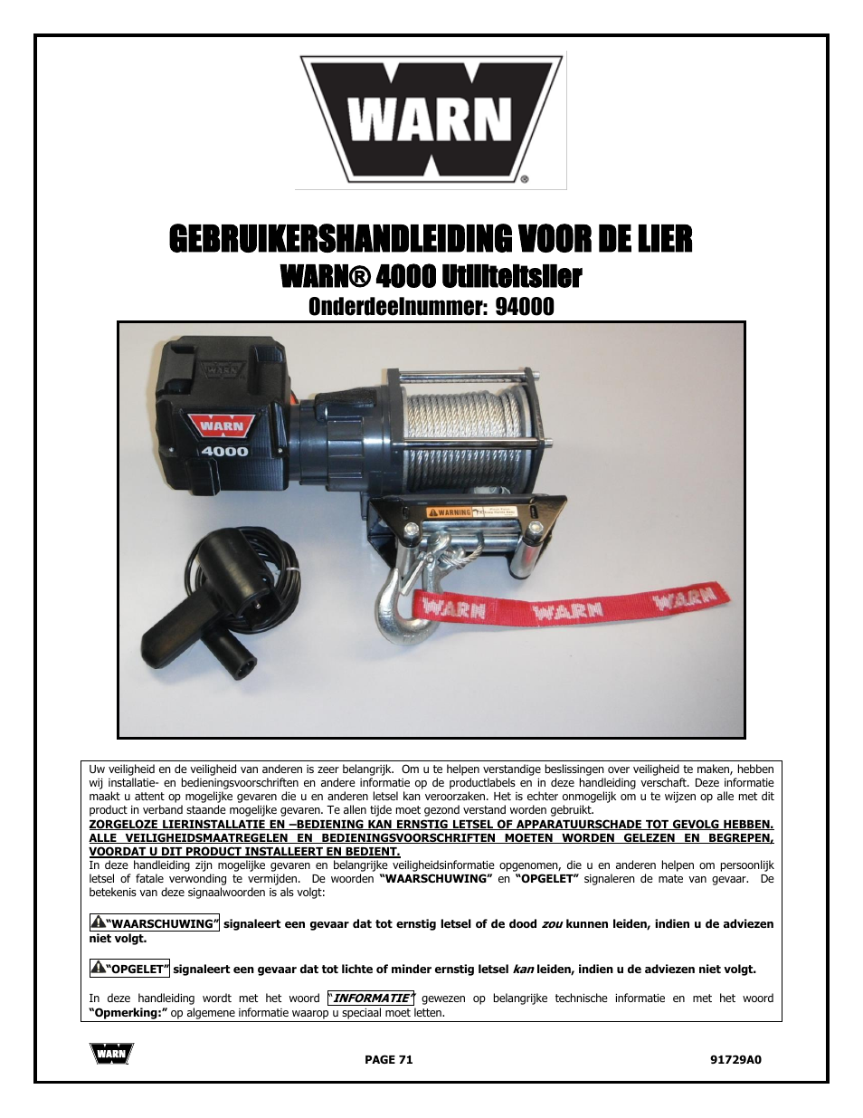 Gebruikershandleiding voor de lier, Warn® 4000 utiliteitslier | WARN 4000 DC User Manual | Page 71 / 126