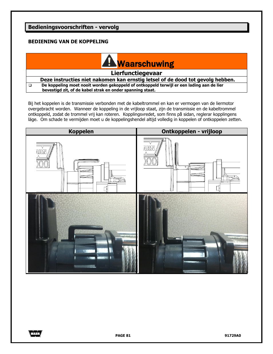 Waarschuwing, Lierfunctiegevaar | WARN 4000 DC User Manual | Page 81 / 126