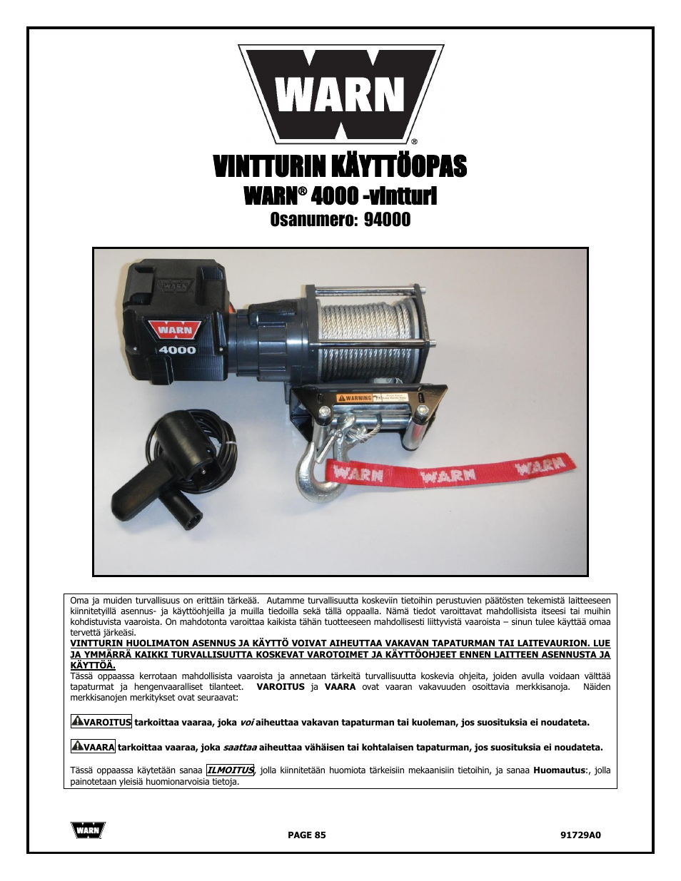Vintturin käyttöopas, Warn, 4000 -vintturi | WARN 4000 DC User Manual | Page 85 / 126