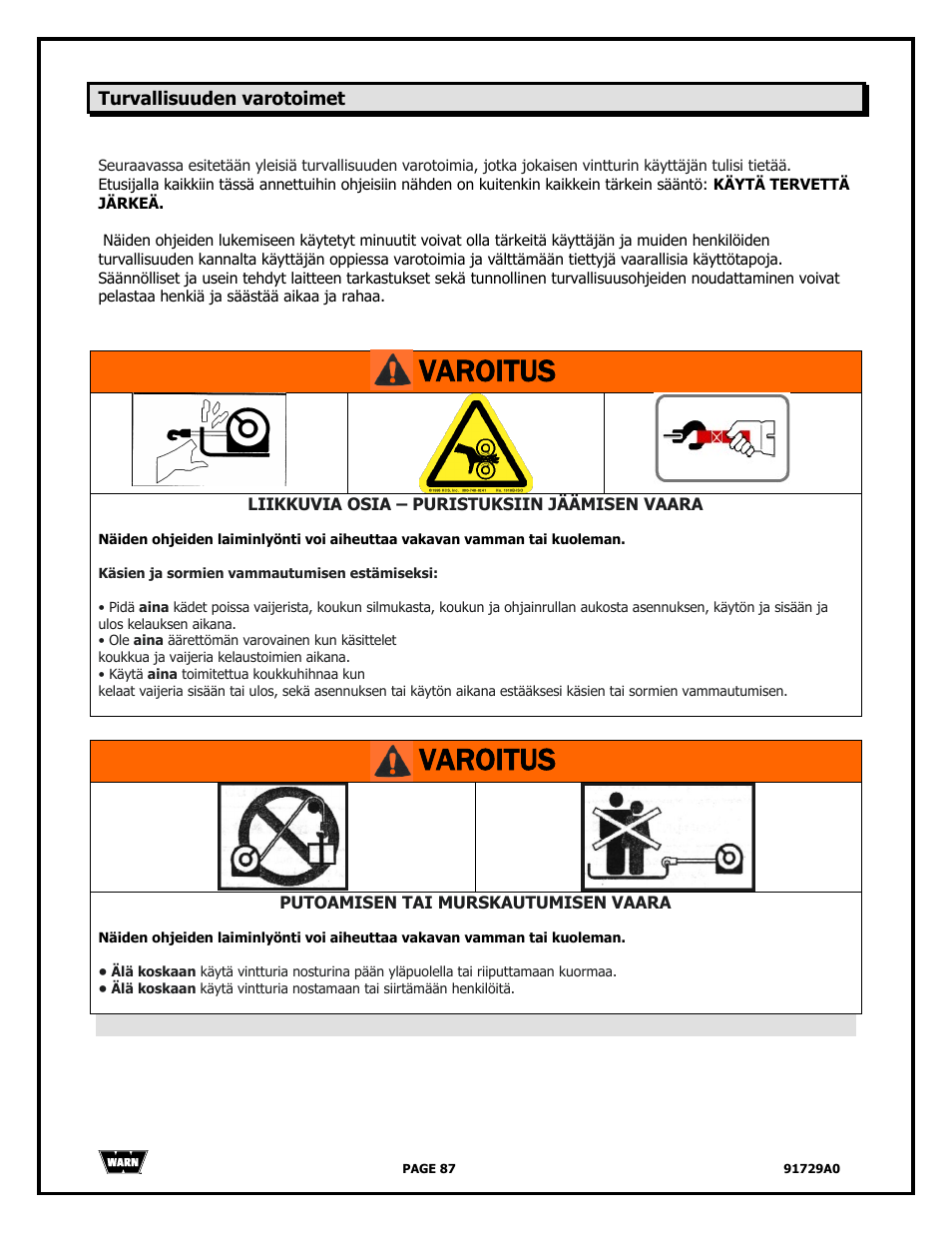 Varoitus | WARN 4000 DC User Manual | Page 87 / 126